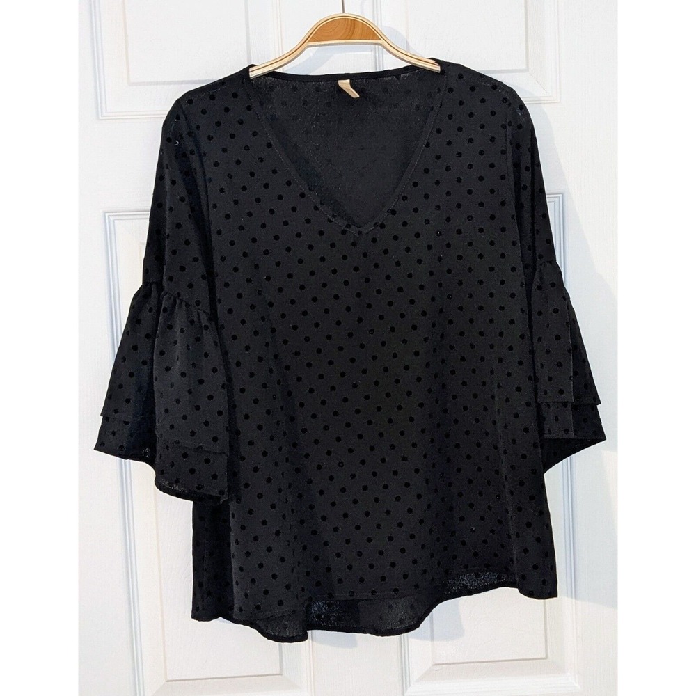 Tyche Black Polka Dot Blouse Bell Sleeve V Neck Elegant Lightweight Top Size M